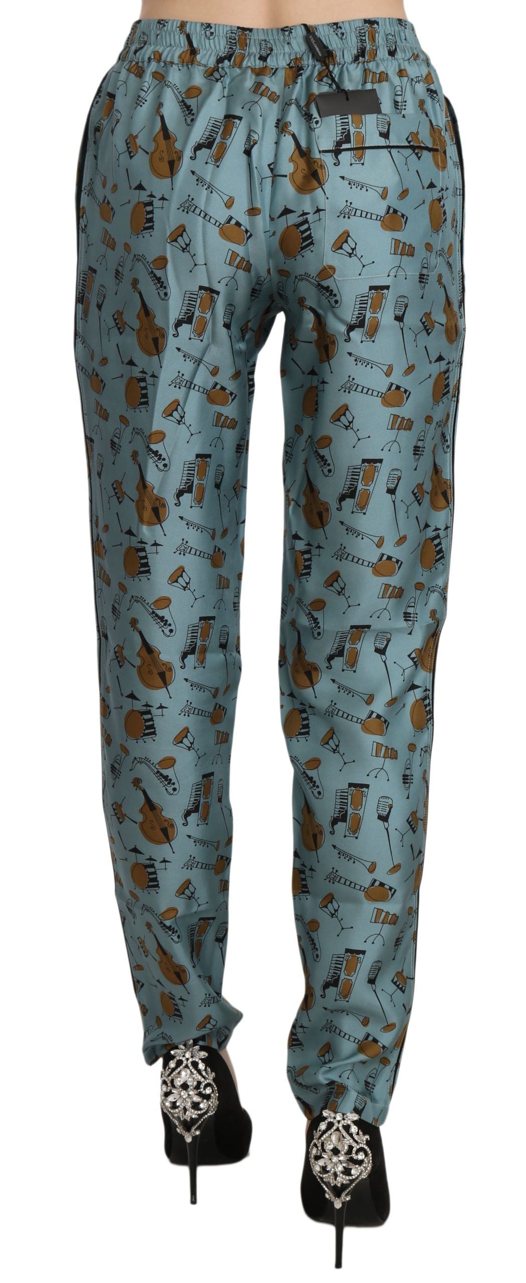 Pantaloni di seta affusolati a vita alta Dolce & Gabbana con stampa blu