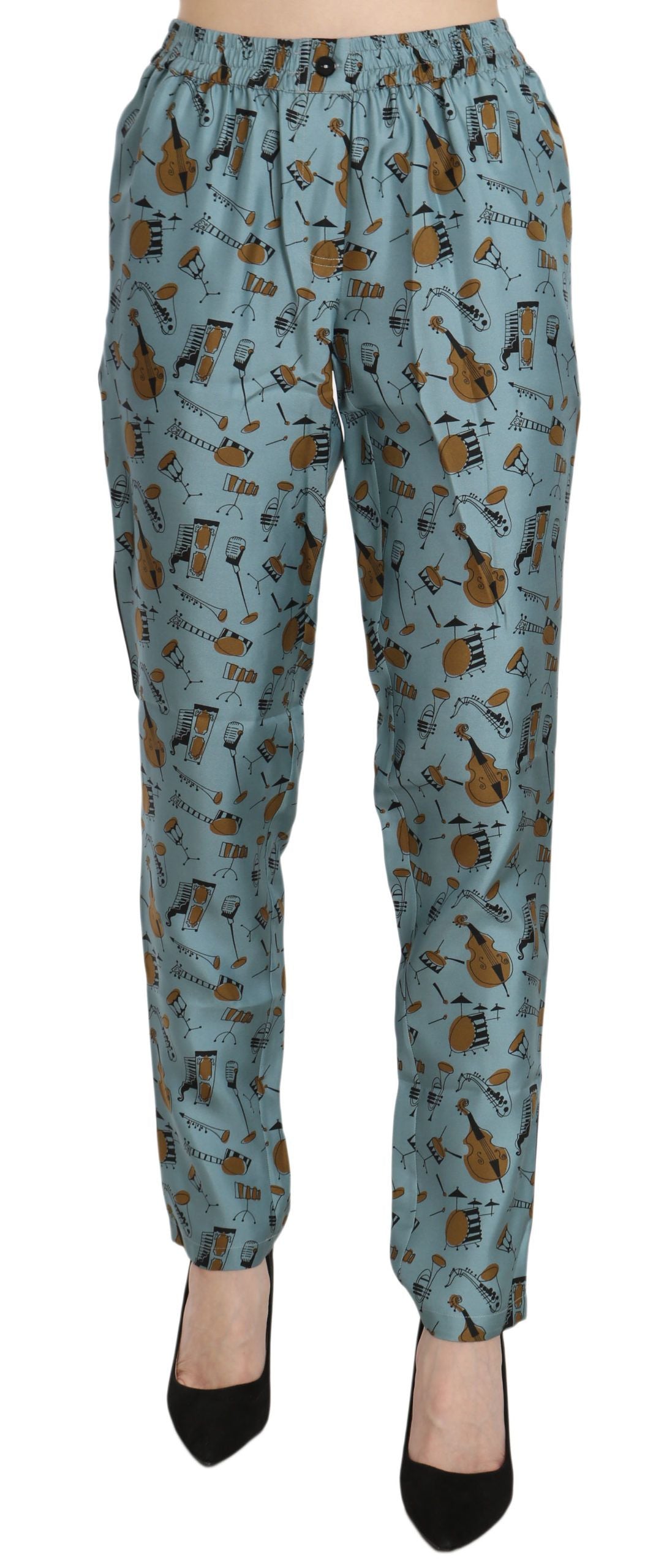 Pantaloni di seta affusolati a vita alta Dolce & Gabbana con stampa blu