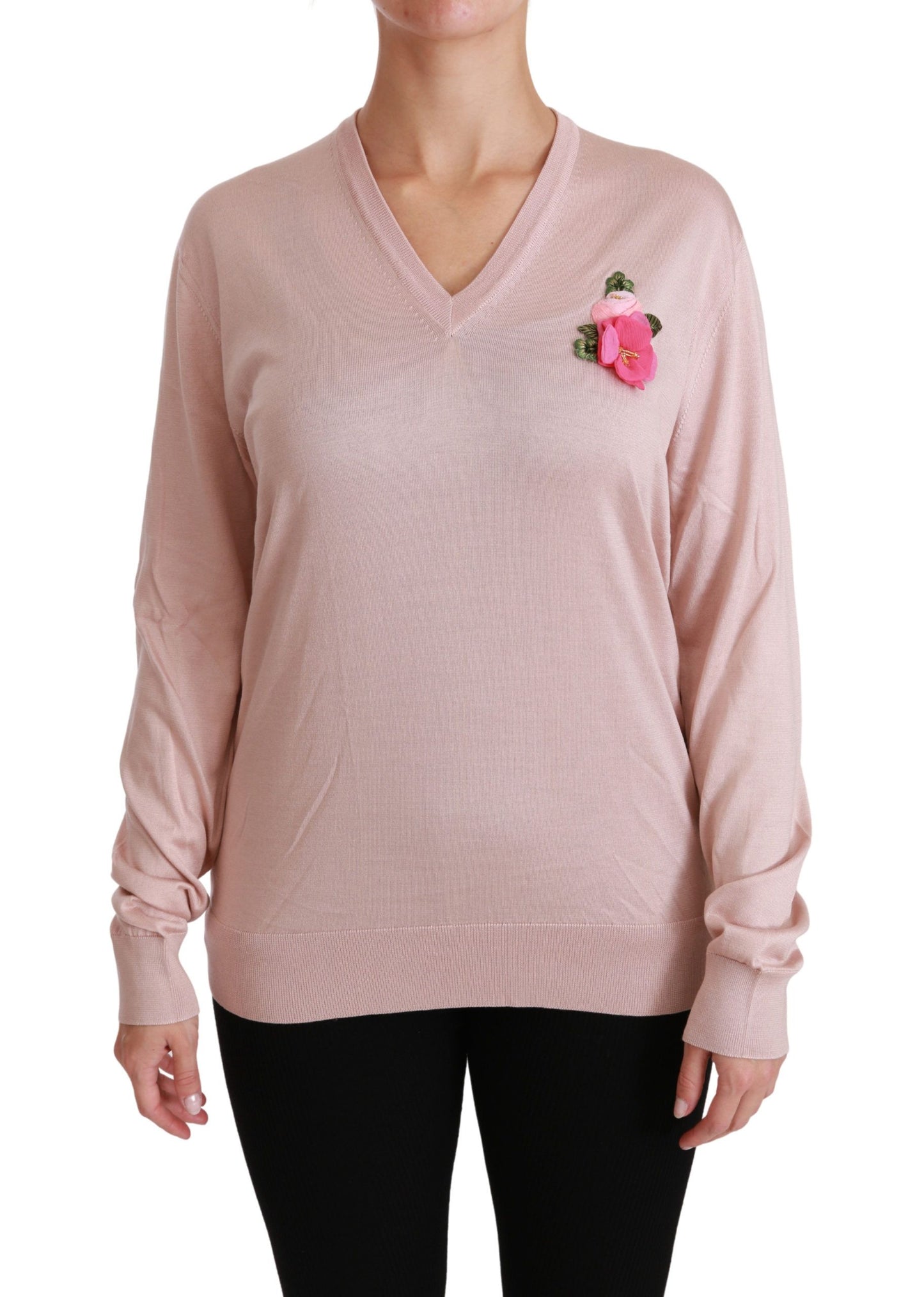 Dolce & Gabbana Maglione con scollo a V in seta floreale rosa