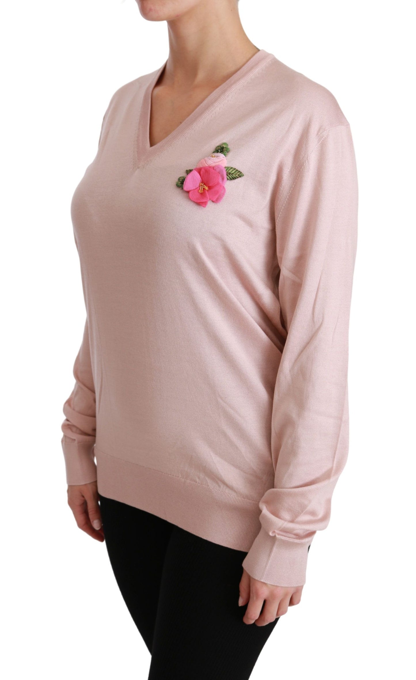 Dolce & Gabbana Maglione con scollo a V in seta floreale rosa