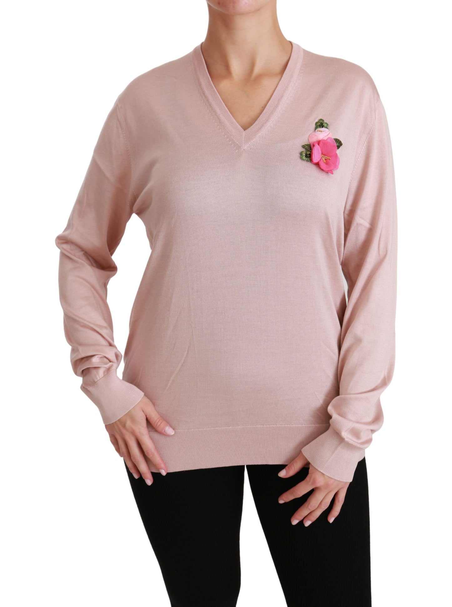 Dolce & Gabbana Maglione con scollo a V in seta floreale rosa