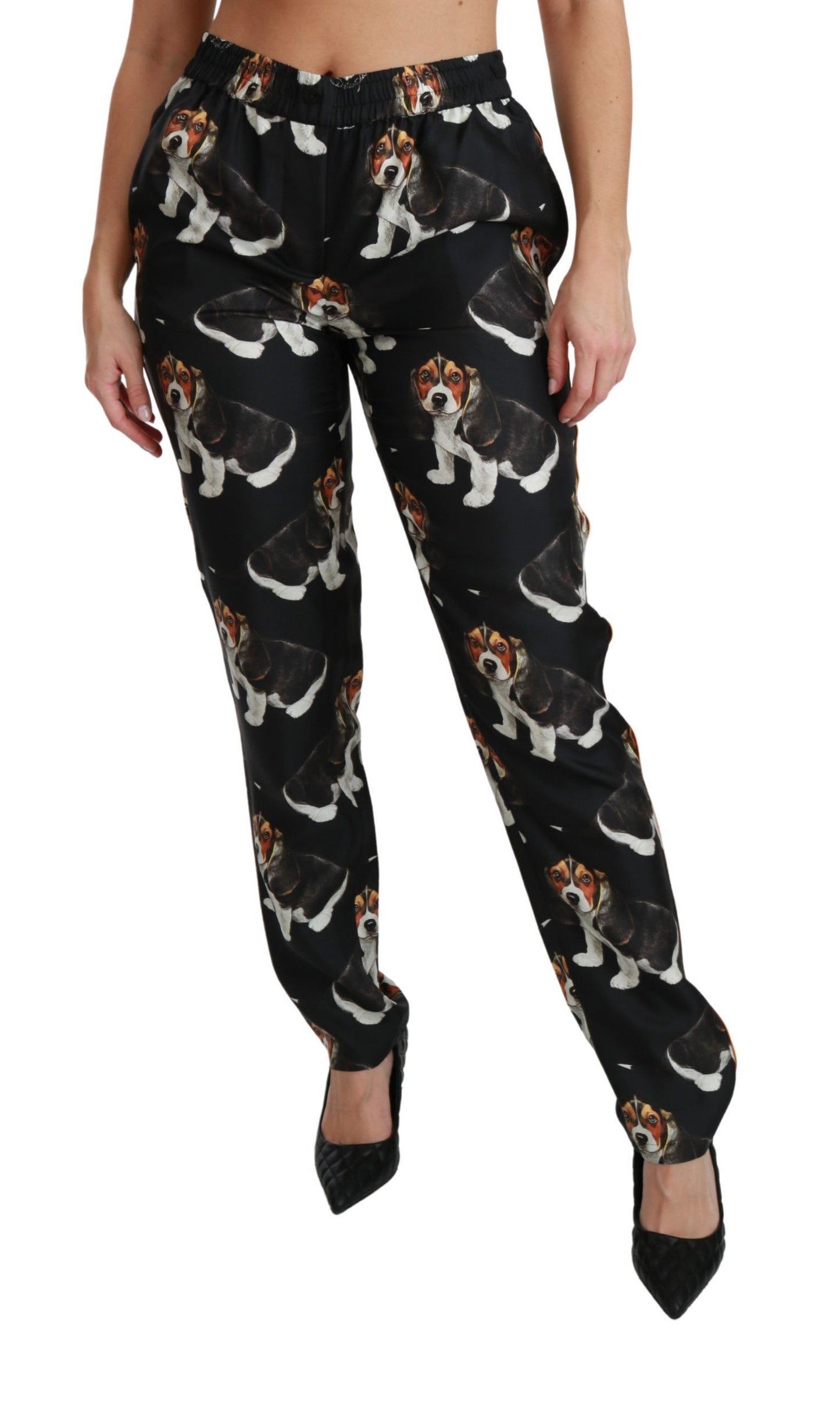 Dolce & Gabbana Pantaloni eleganti in seta con stampa cucciolo di cane