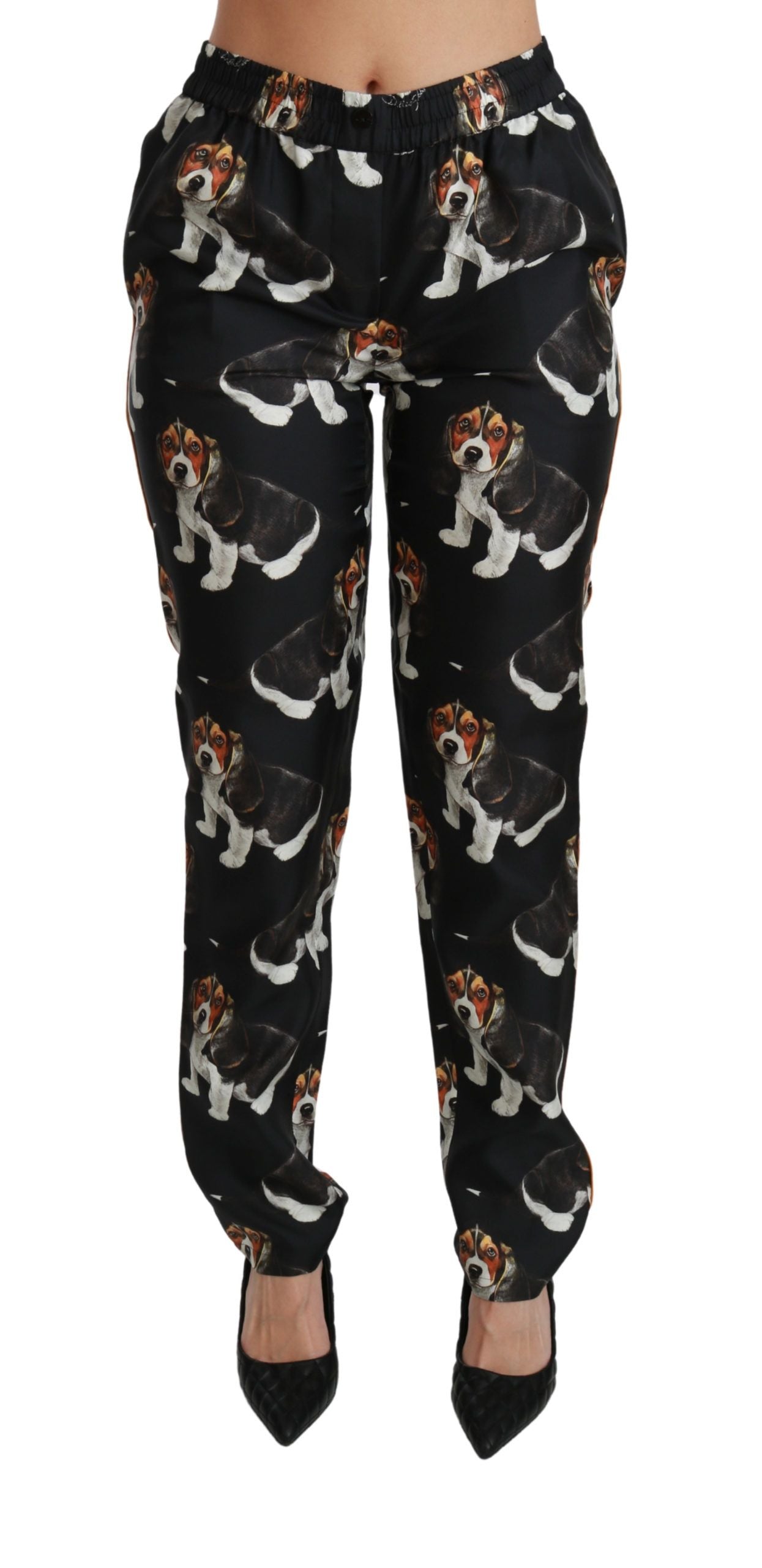 Dolce & Gabbana Pantaloni eleganti in seta con stampa cucciolo di cane