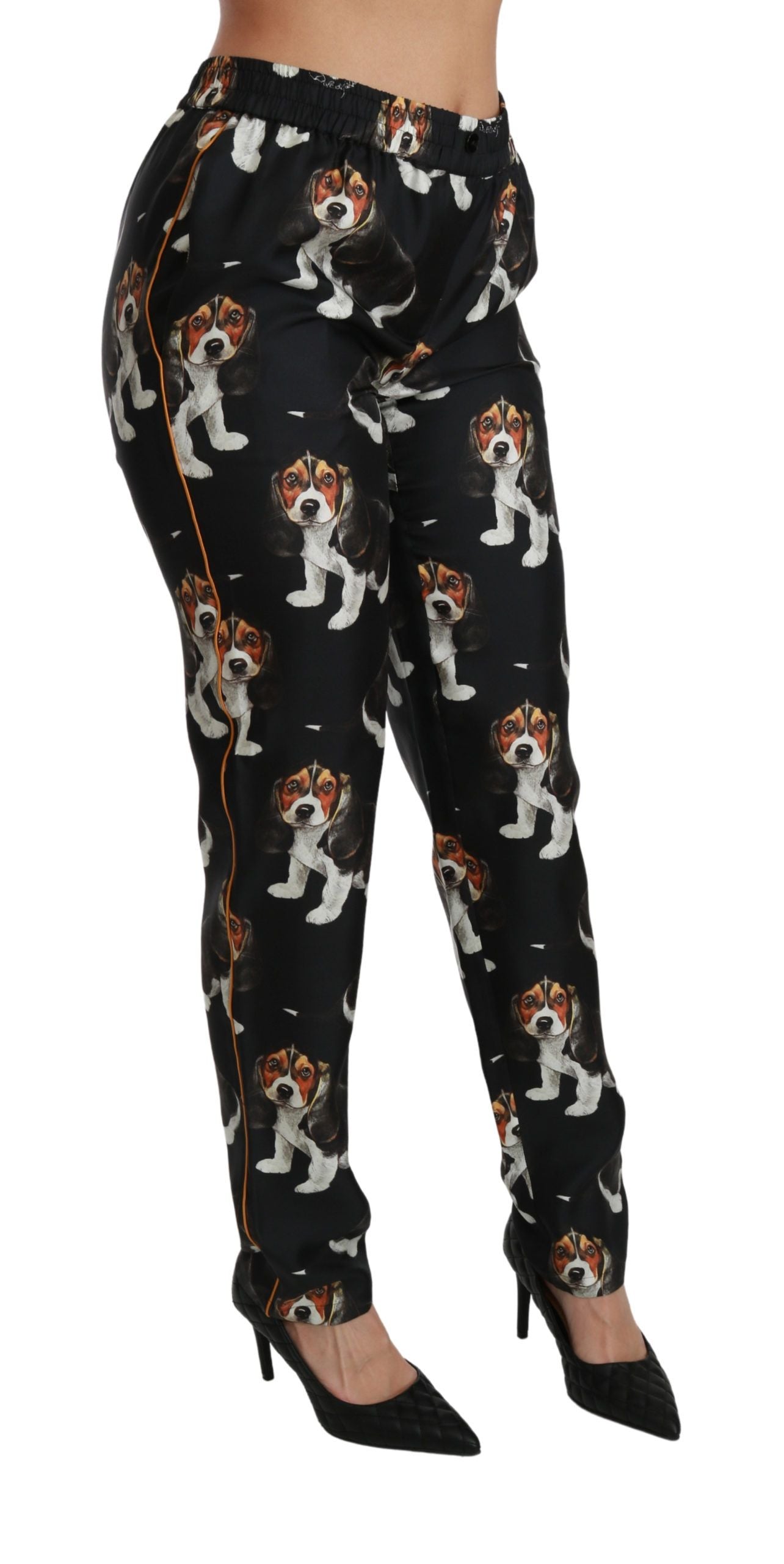 Dolce & Gabbana Pantaloni eleganti in seta con stampa cucciolo di cane