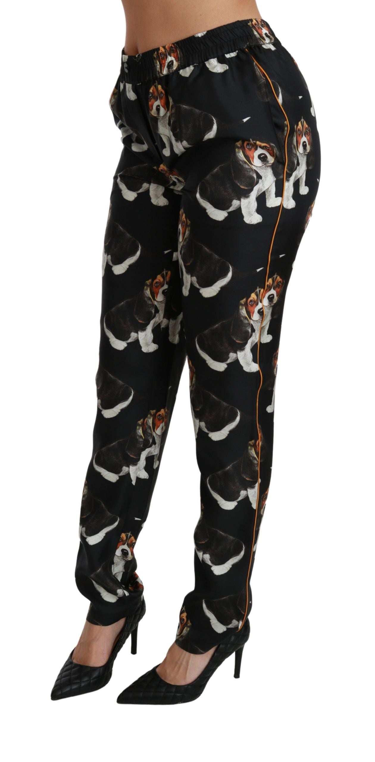 Dolce & Gabbana Pantaloni eleganti in seta con stampa cucciolo di cane