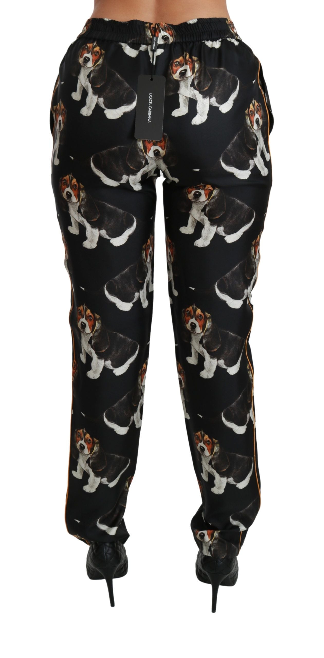 Dolce & Gabbana Pantaloni eleganti in seta con stampa cucciolo di cane