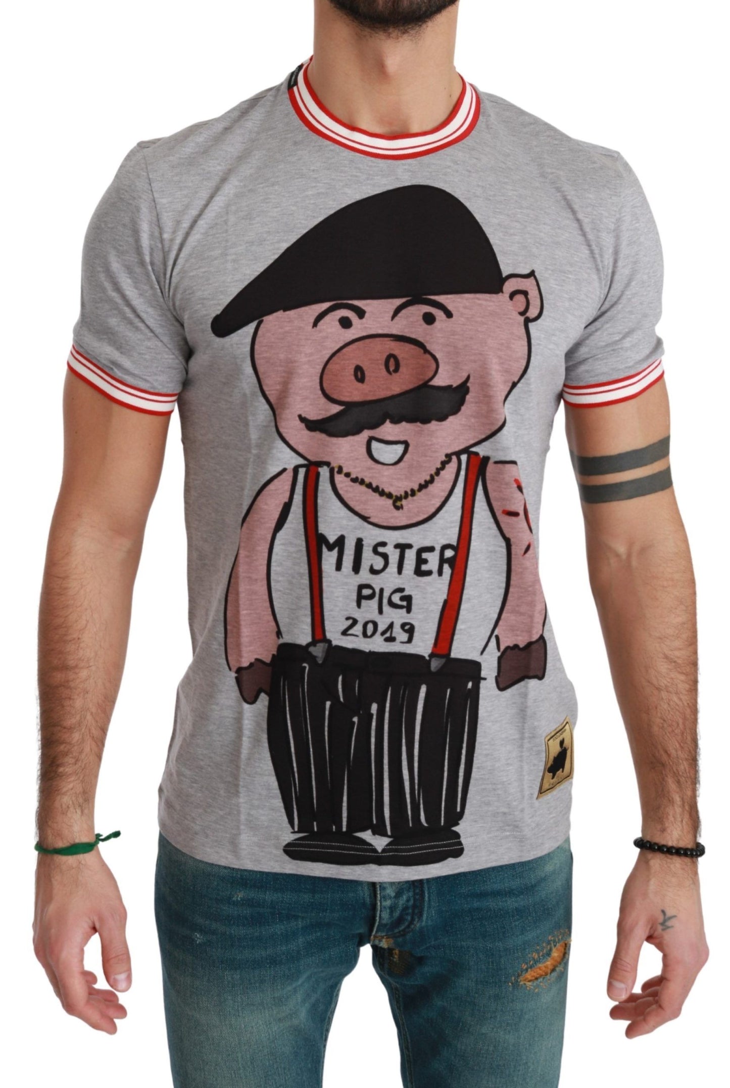 T-shirt Dolce & Gabbana Chic in cotone grigio con motivo dell'anno del maiale