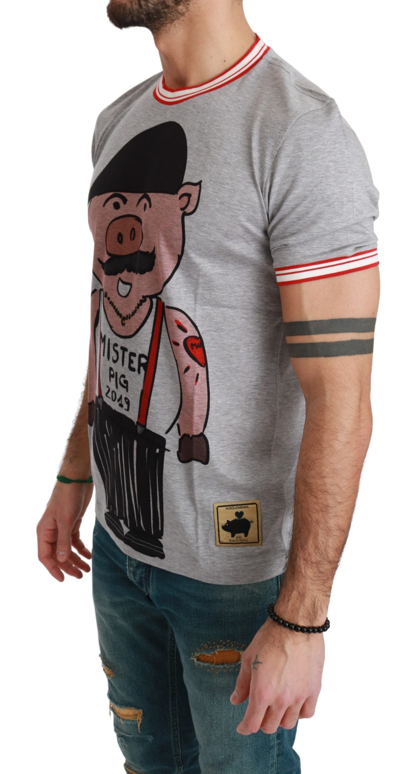 T-shirt Dolce & Gabbana Chic in cotone grigio con motivo dell'anno del maiale