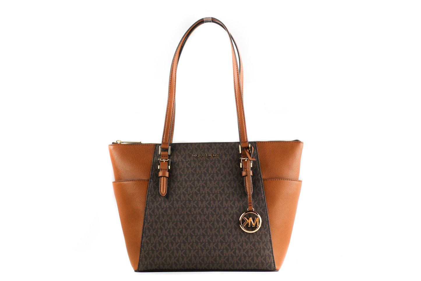 Michael Kors Borsa a mano grande in pelle Charlotte Signature con cerniera superiore (marrone)