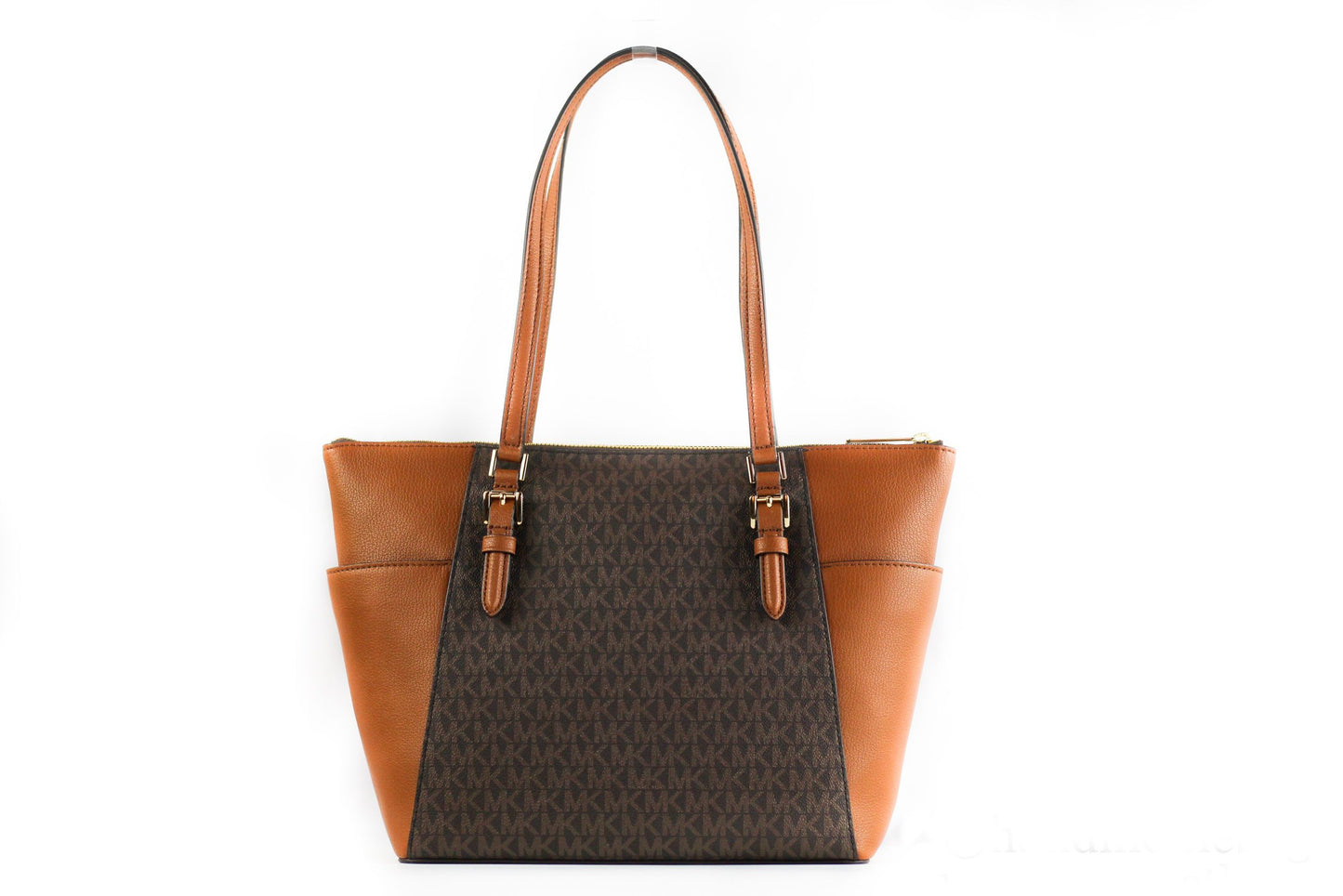 Michael Kors Borsa a mano grande in pelle Charlotte Signature con cerniera superiore (marrone)