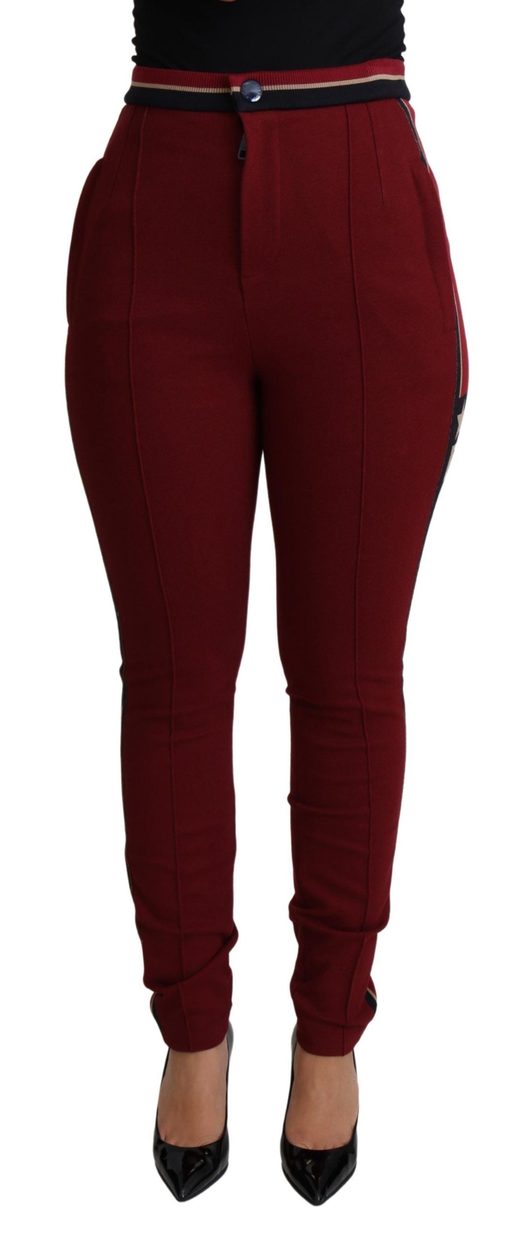 Pantaloni skinny rossi ricamati a vita alta Dolce & Gabbana