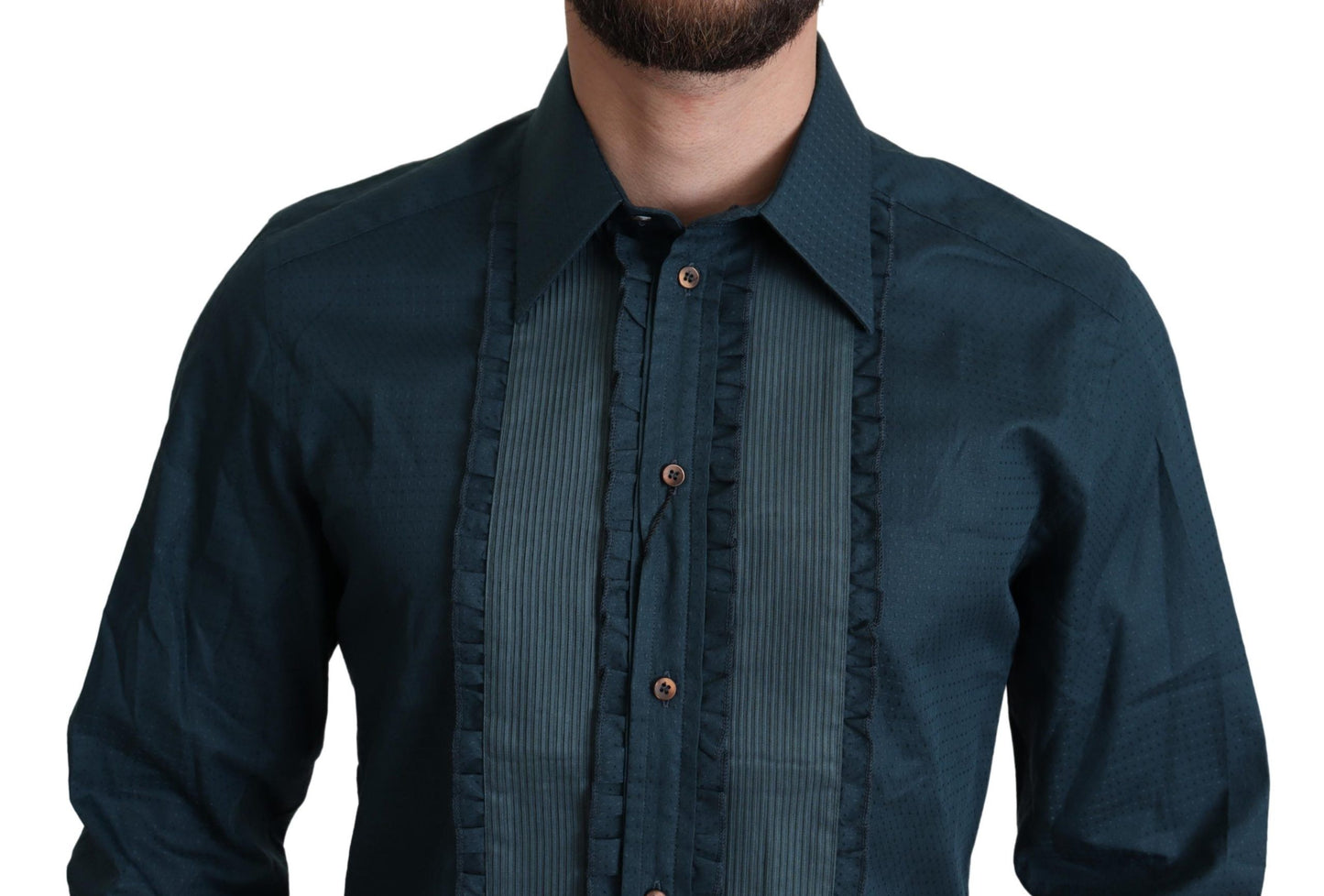 Dolce & Gabbana Elegante camicia da smoking blu con volant