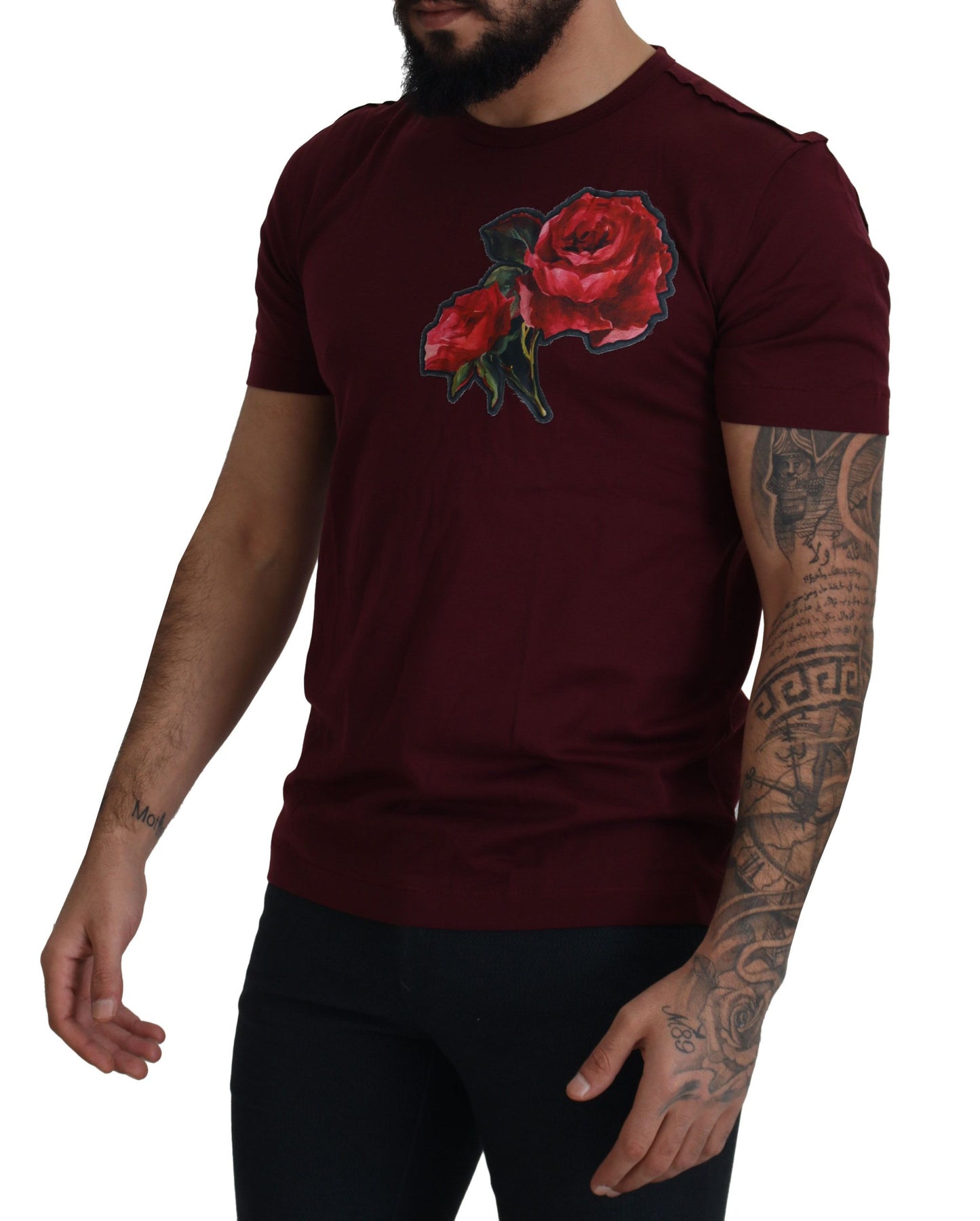 Dolce & Gabbana Элегантная футболка с круглым вырезом и мотивом бордоских роз
