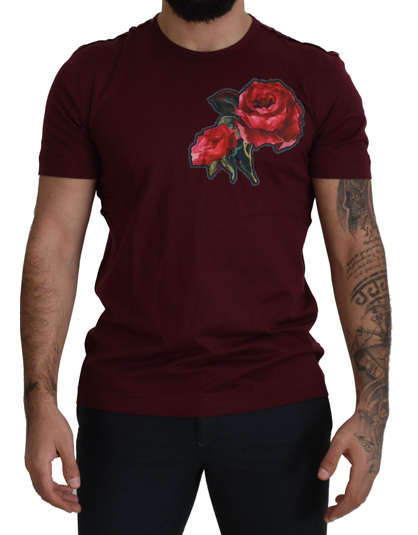 Dolce & Gabbana Элегантная футболка с круглым вырезом и мотивом бордоских роз