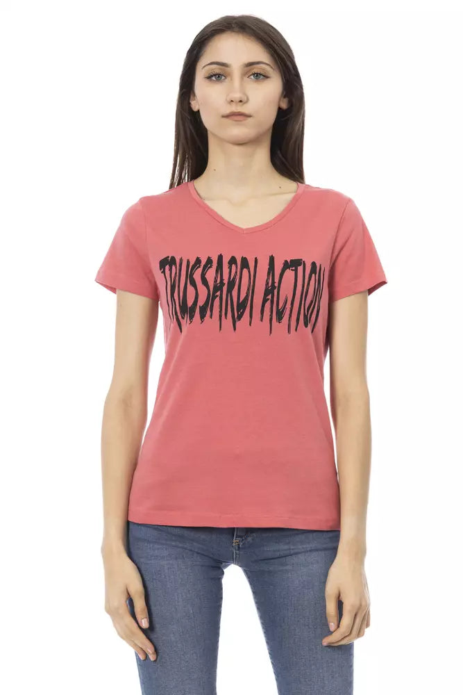 Trussardi Action Элегантная розовая футболка с v-образным вырезом и шикарным принтом
