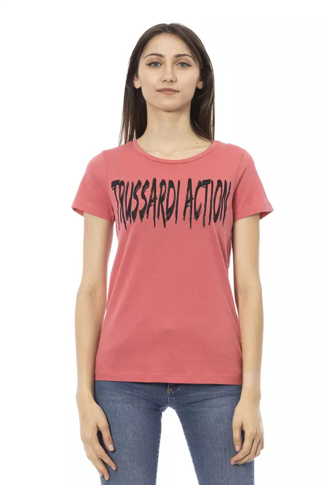 Trussardi Action Элегантная розовая футболка с короткими рукавами и шикарным принтом