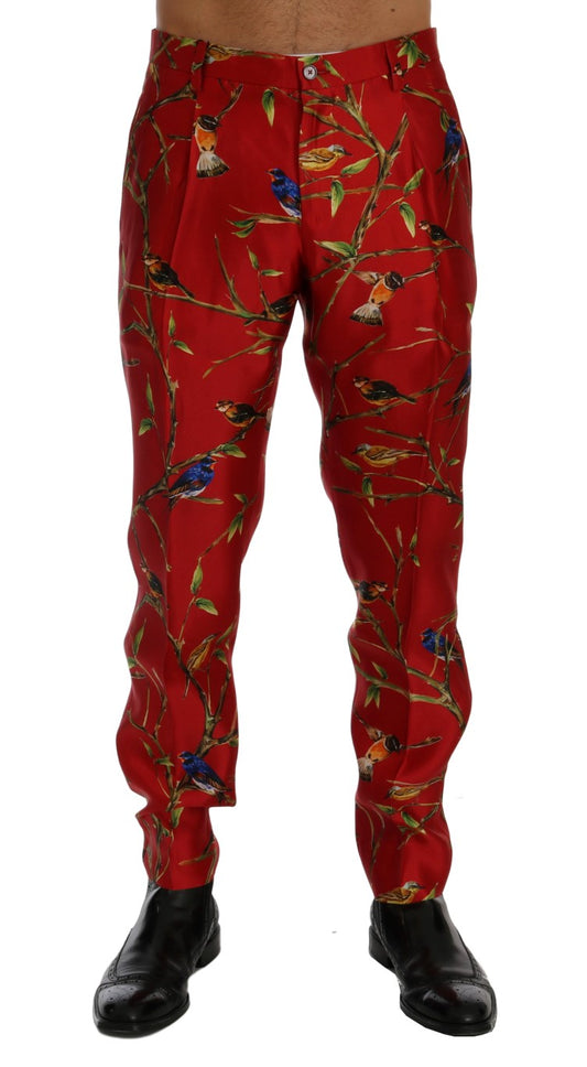 Dolce & Gabbana Elegant Silk Dress Trousers in Red Bird Print - PER.FASHION