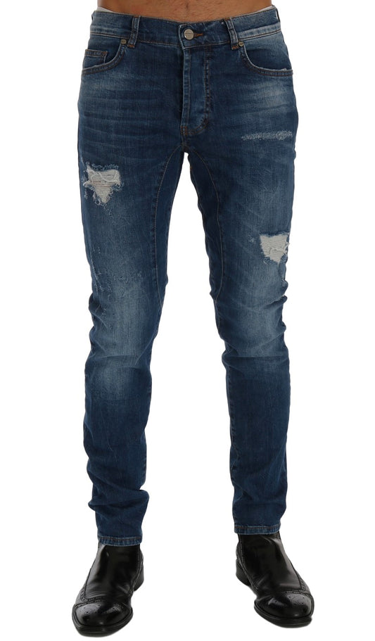 Frankie Morello Chic Slim Fit Blue Distressed Jeans - PER.FASHION