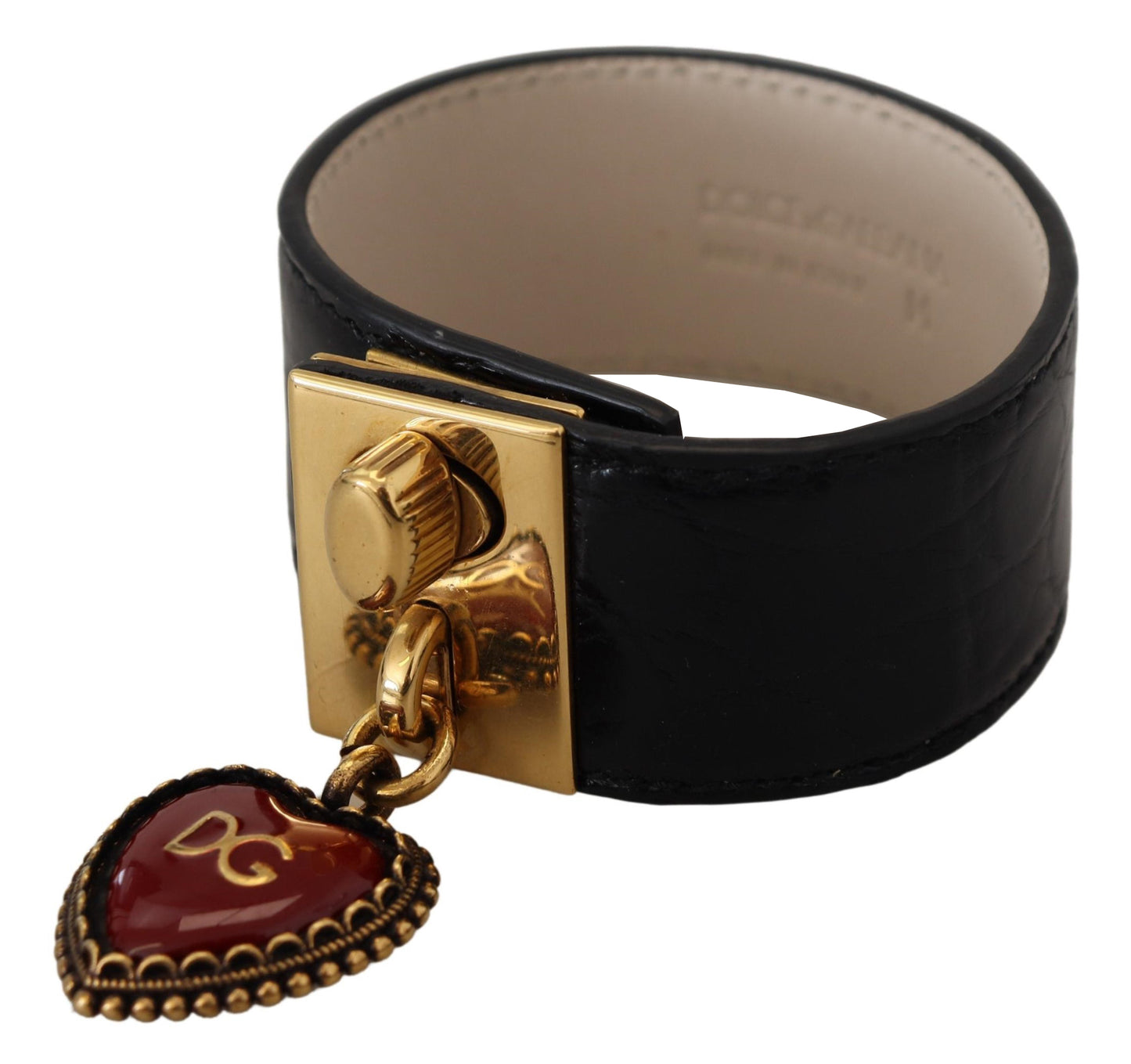 Dolce & Gabbana Elegante bracciale in pelle nera con dettagli dorati