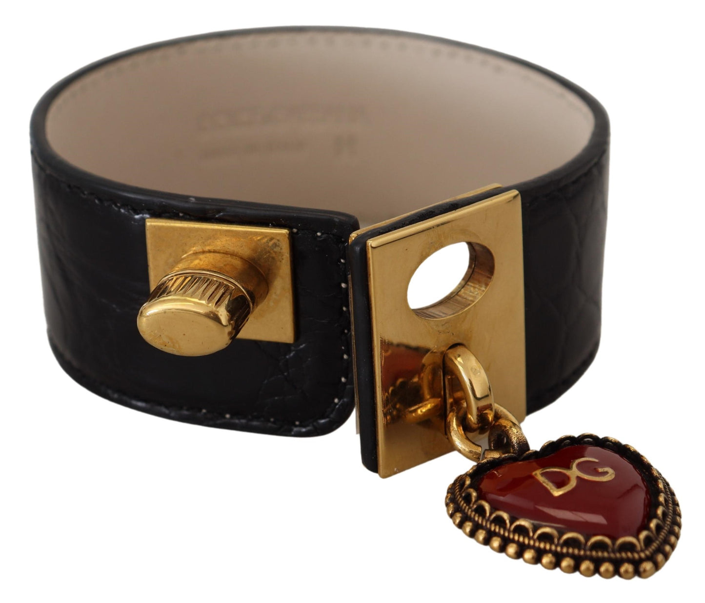 Dolce & Gabbana Elegante bracciale in pelle nera con dettagli dorati