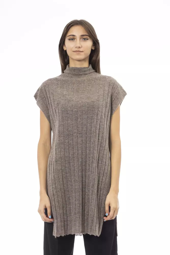 Maglione da donna Alpha Studio in lana marrone con spacchi laterali