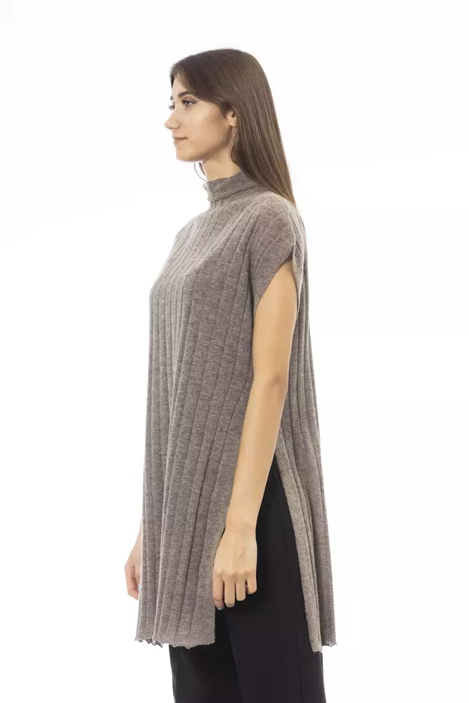 Maglione da donna Alpha Studio in lana marrone con spacchi laterali