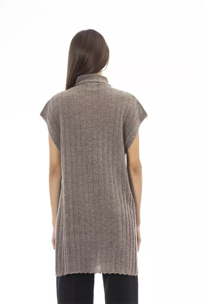Maglione da donna Alpha Studio in lana marrone con spacchi laterali
