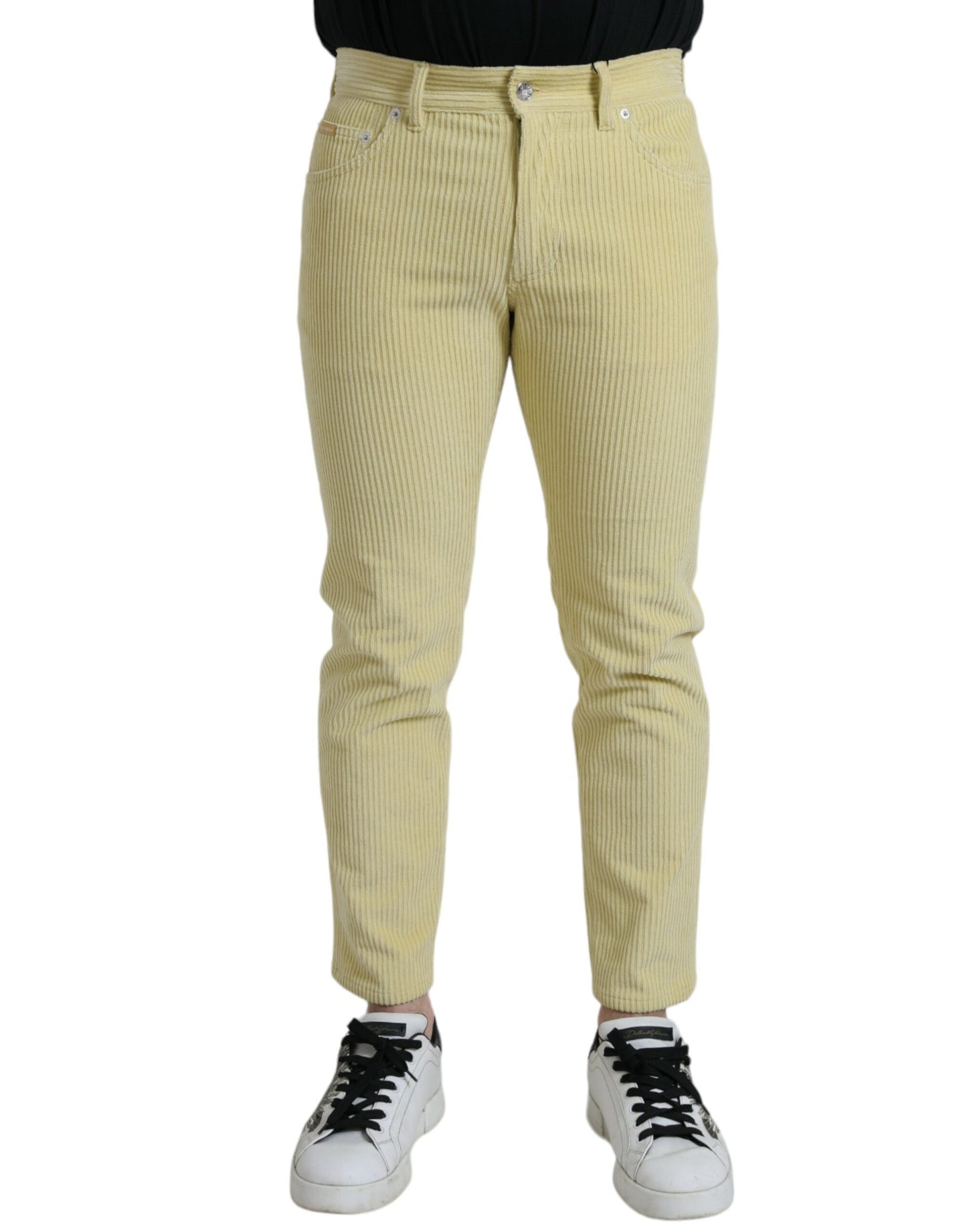 Jeans skinny in denim skinny con placca con logo in velluto a coste giallo Dolce & Gabbana