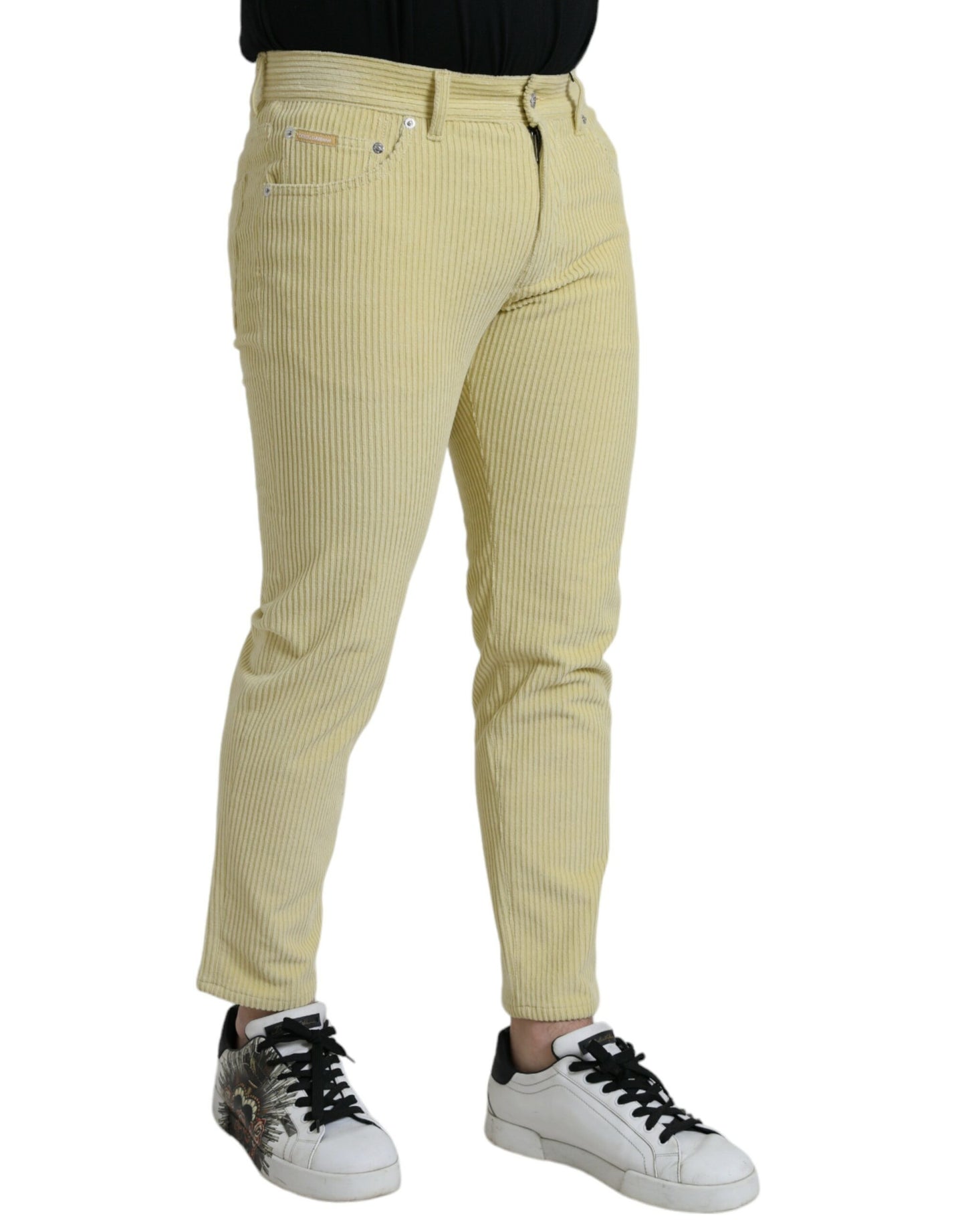 Jeans skinny in denim skinny con placca con logo in velluto a coste giallo Dolce & Gabbana