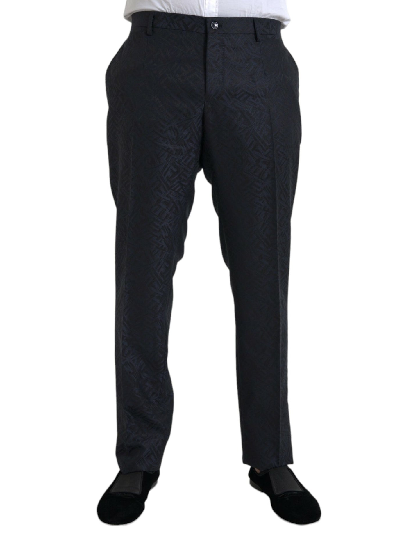 Pantaloni eleganti da uomo skinny in lana broccato blu Dolce & Gabbana