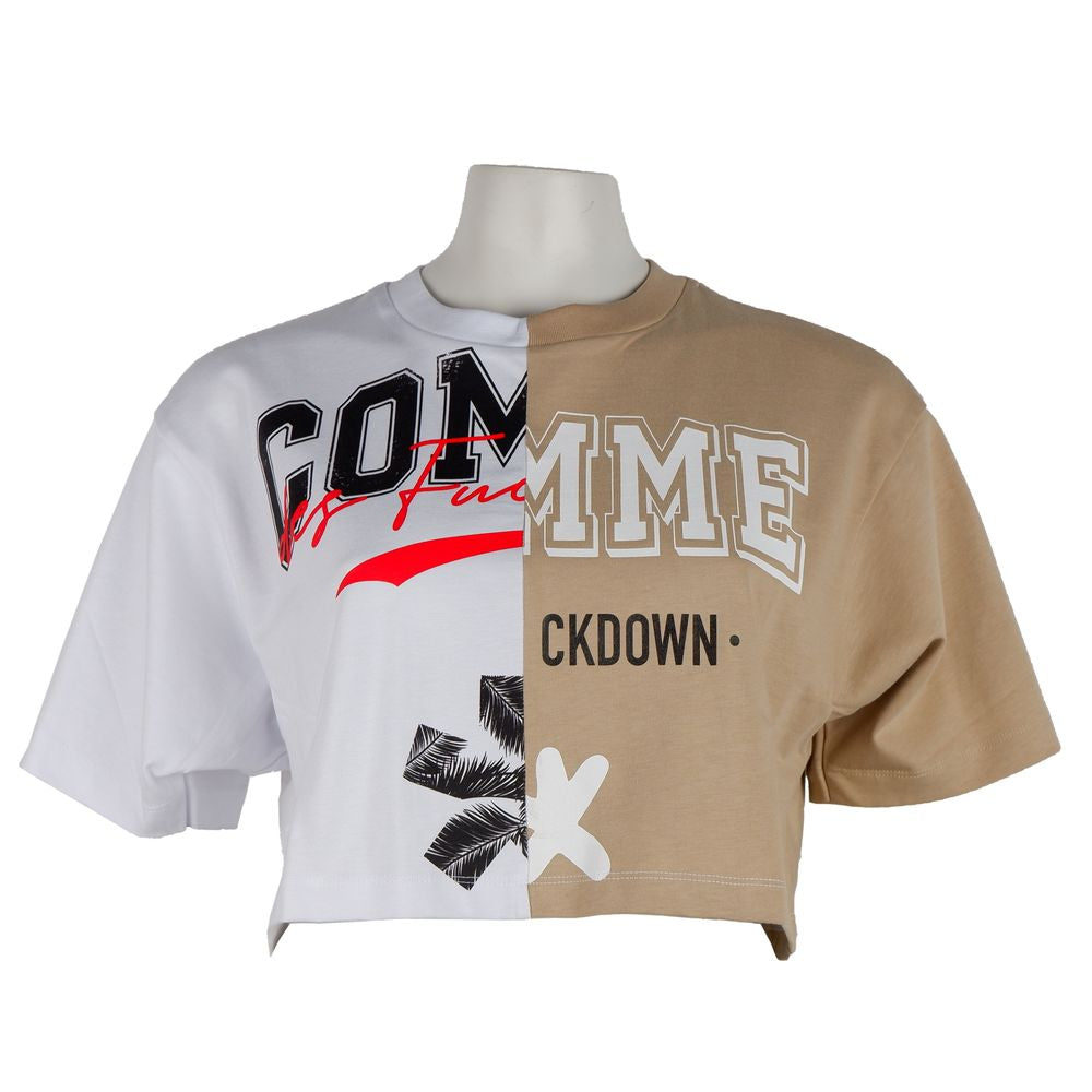 Бежевая футболка с логотипом Comme Des Fuckdown Couture и двухцветным принтом