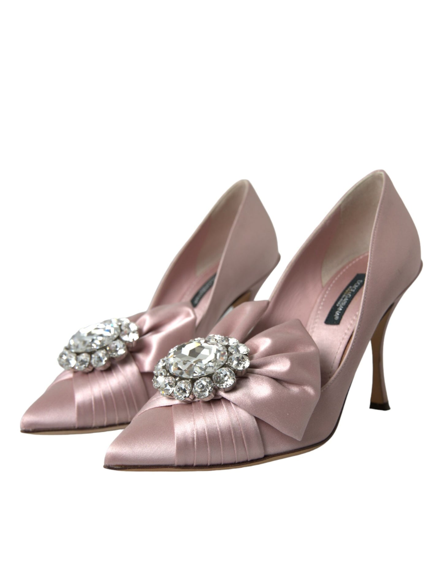 Scarpe col tacco alto in raso rosa con cristalli di Dolce & Gabbana