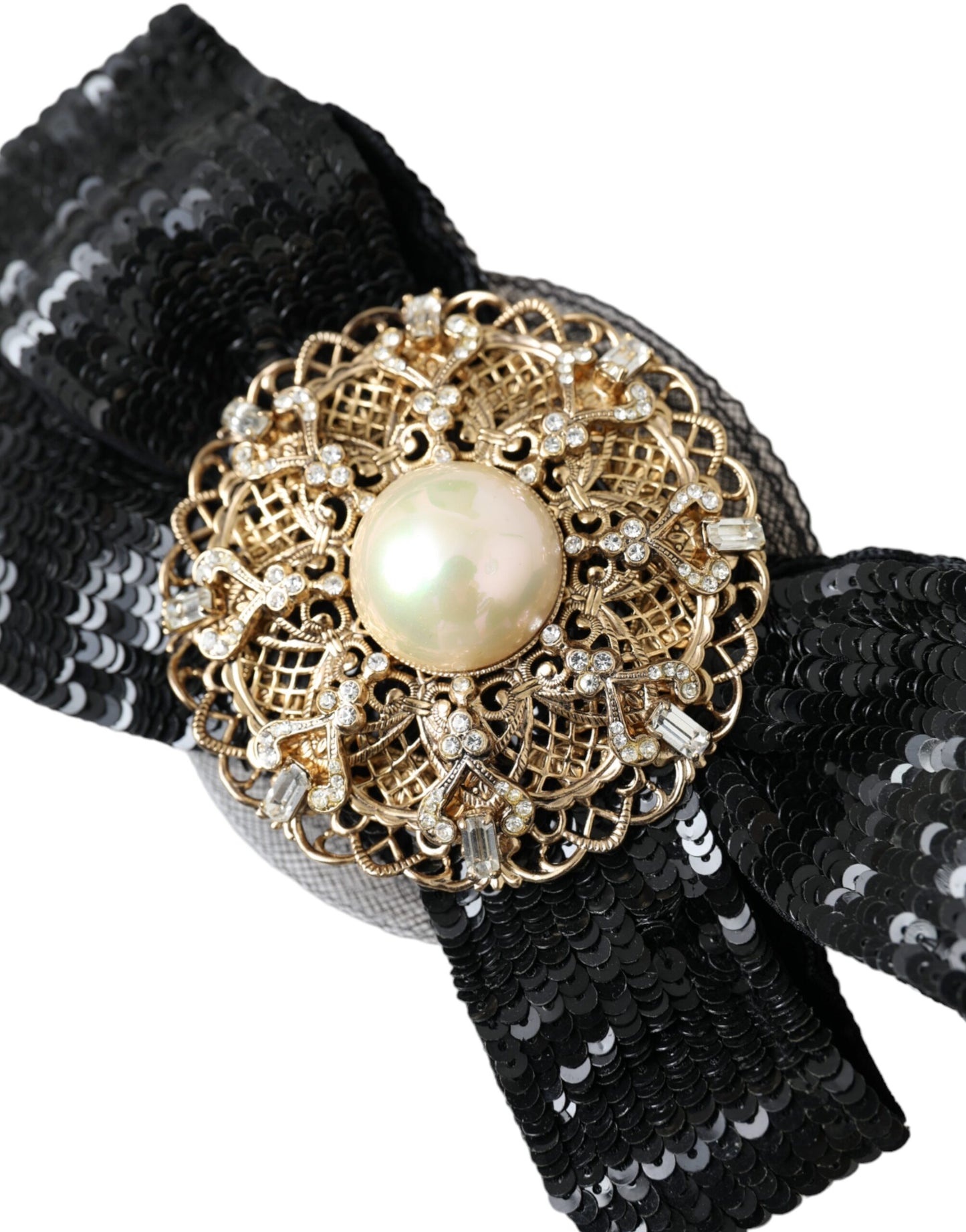 Dolce & Gabbana spilla fatta a mano con paillettes nere e perle per capelli