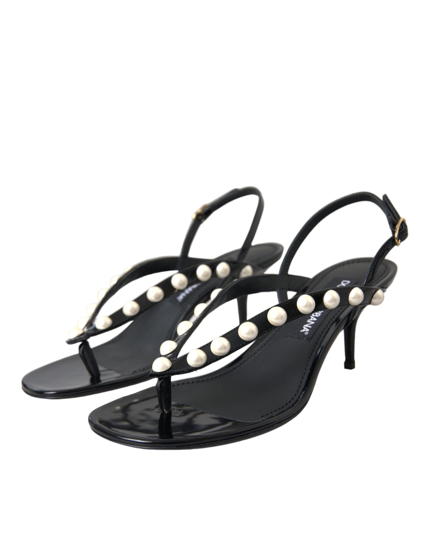 Sandali con tacco in finta perla in pelle nera Dolce & Gabbana