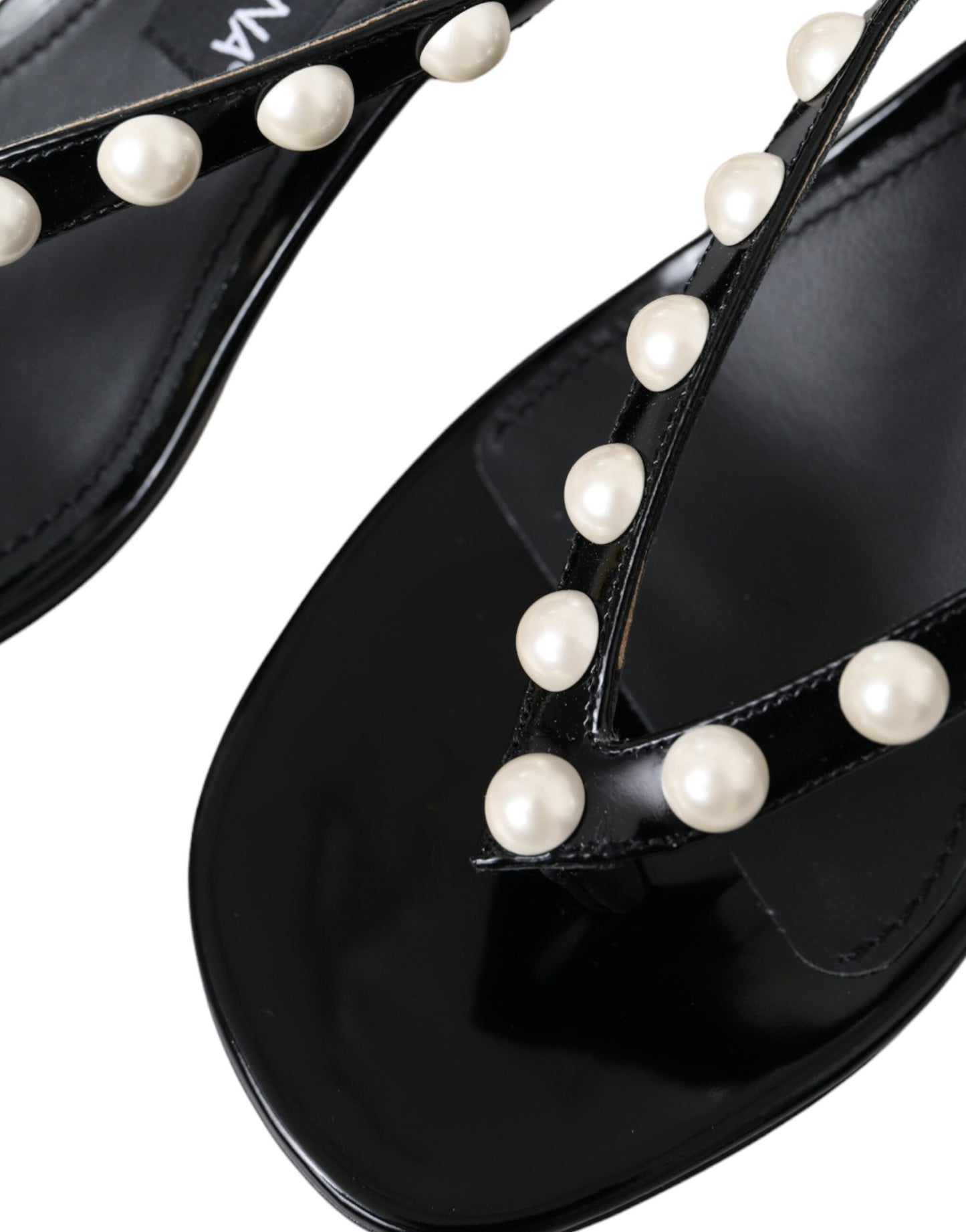 Sandali con tacco in finta perla in pelle nera Dolce & Gabbana