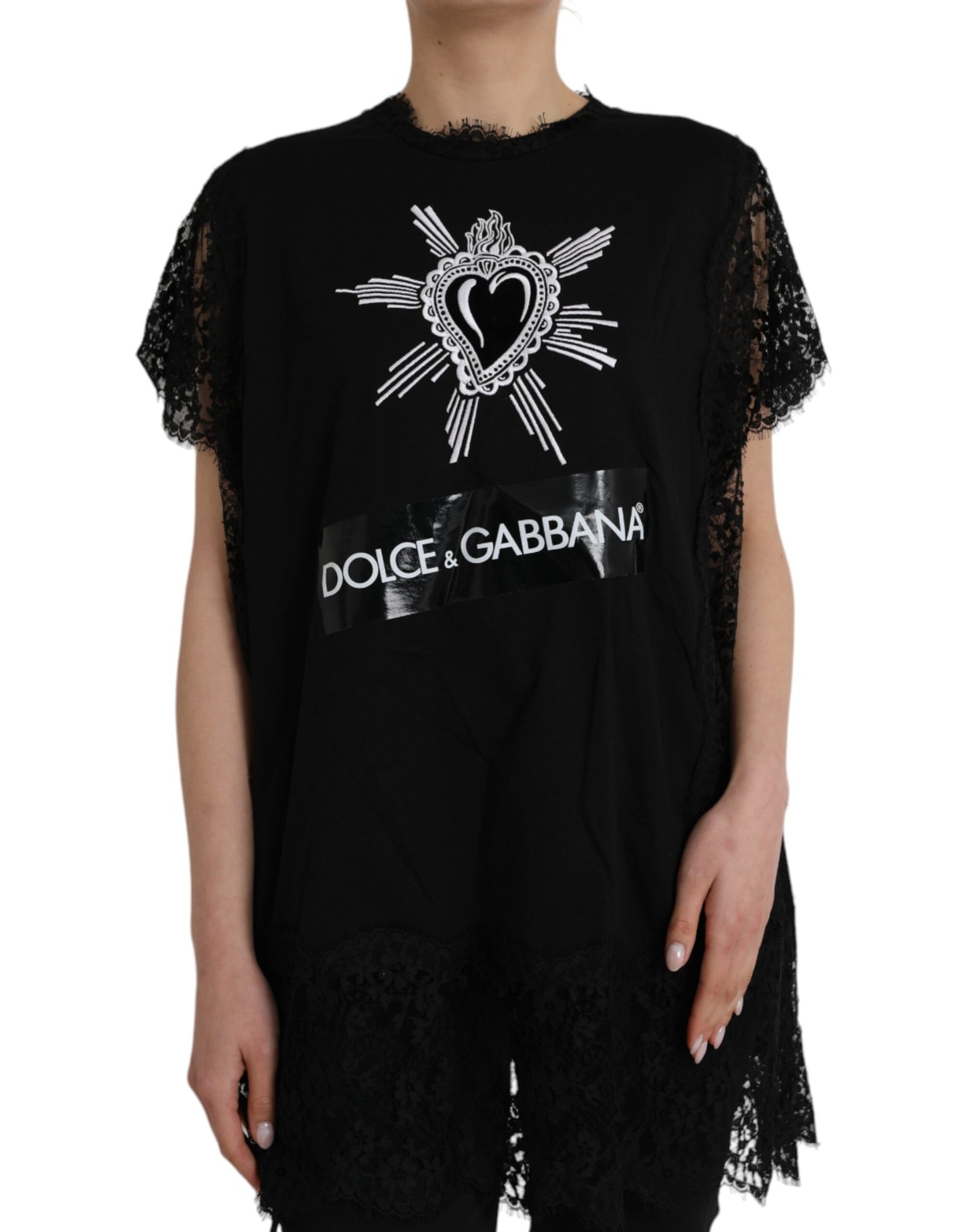 Dolce & Gabbana T-shirt in pizzo di cotone con stampa cuore sacro nero