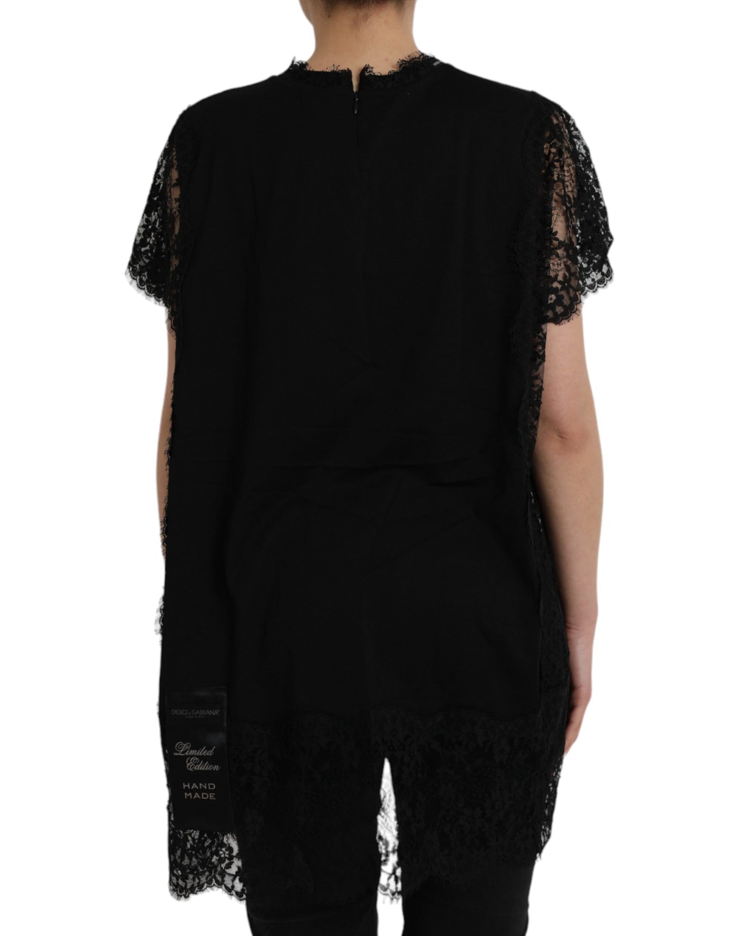 Dolce & Gabbana T-shirt in pizzo di cotone con stampa cuore sacro nero