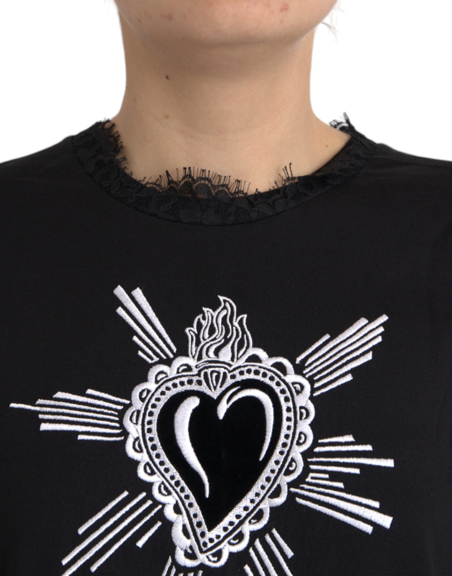 Dolce & Gabbana T-shirt in pizzo di cotone con stampa cuore sacro nero