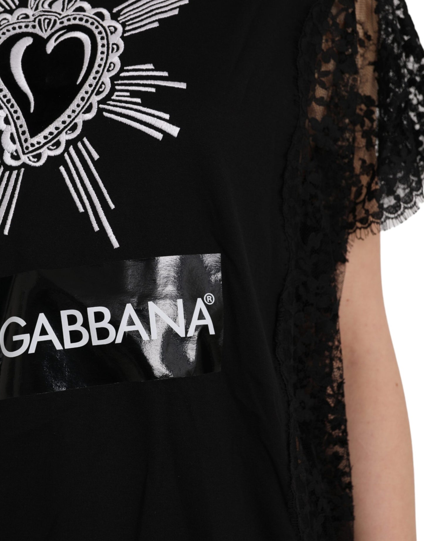 Dolce & Gabbana T-shirt in pizzo di cotone con stampa cuore sacro nero