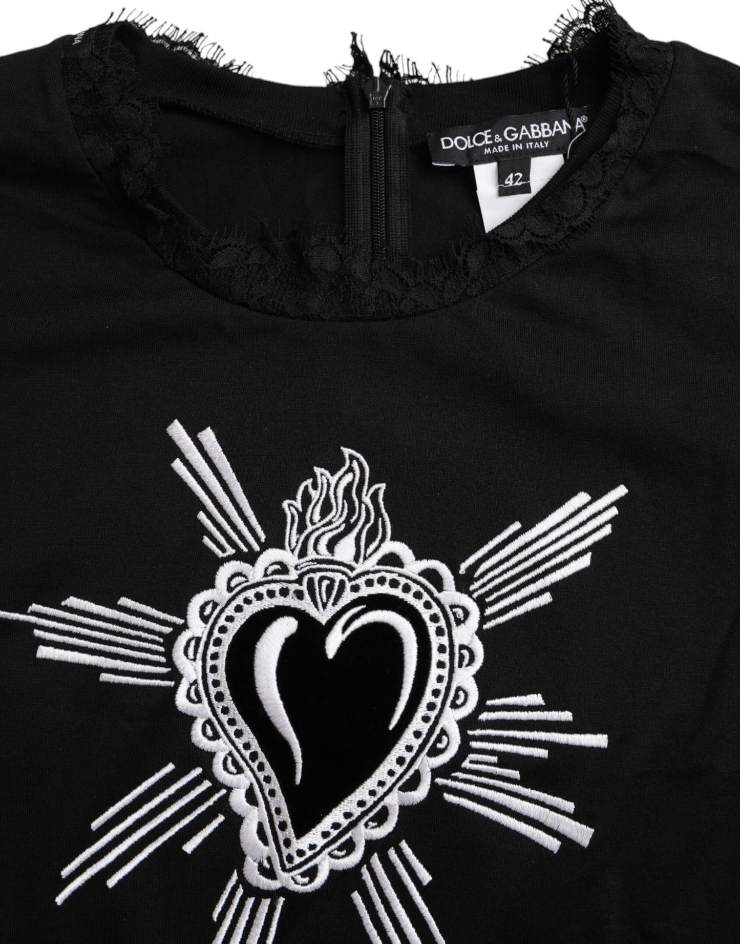 Dolce & Gabbana T-shirt in pizzo di cotone con stampa cuore sacro nero