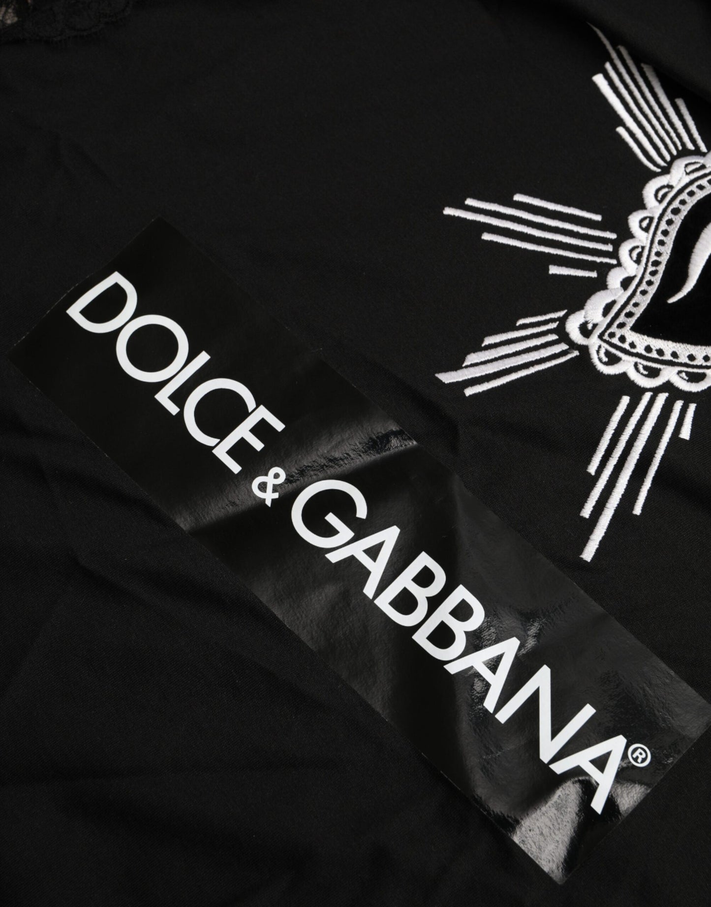 Dolce & Gabbana T-shirt in pizzo di cotone con stampa cuore sacro nero
