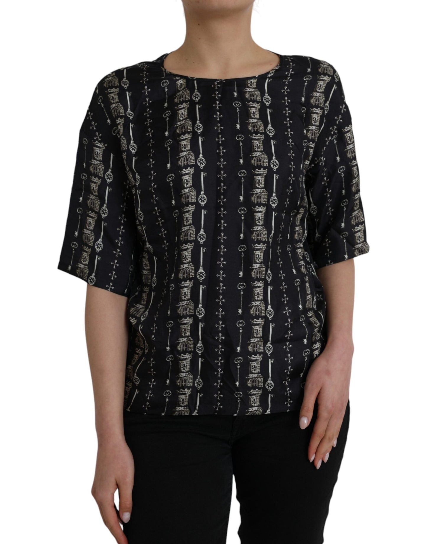 Dolce & Gabbana T-shirt in seta con stampa castello chiave nera