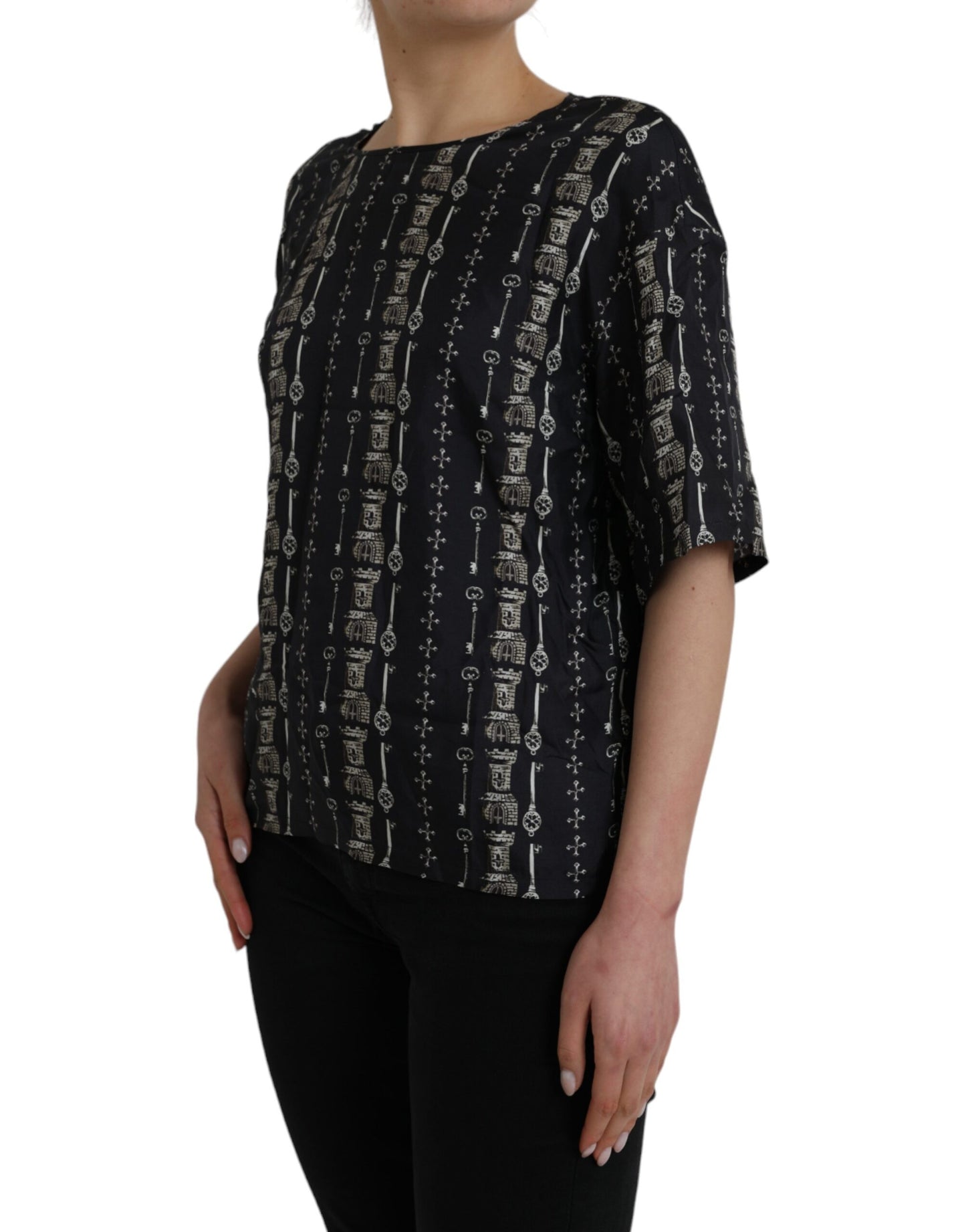 Dolce & Gabbana T-shirt in seta con stampa castello chiave nera