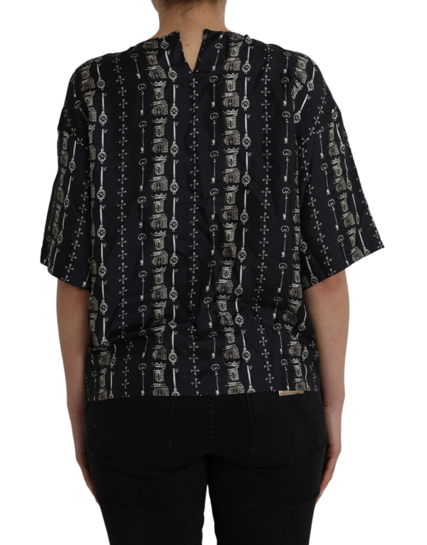 Dolce & Gabbana T-shirt in seta con stampa castello chiave nera