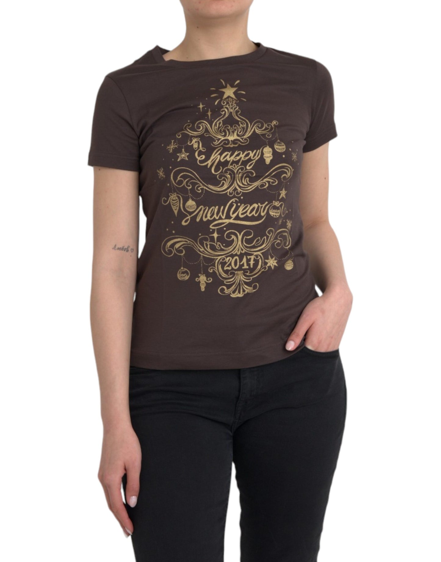 Dolce & Gabbana T-shirt girocollo marrone 2017 con stampa a motivo