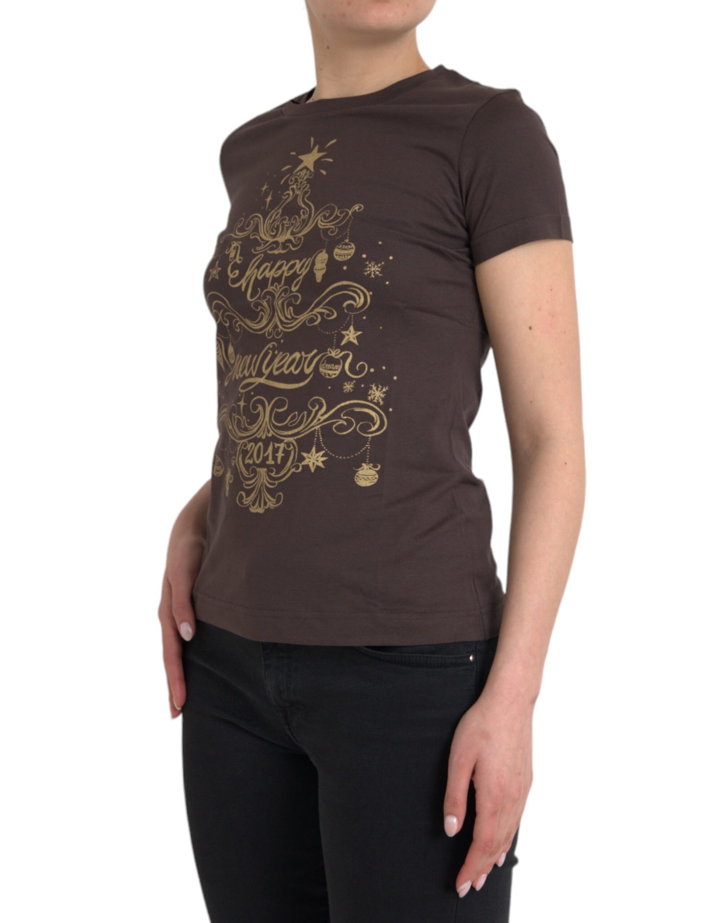 Dolce & Gabbana T-shirt girocollo marrone 2017 con stampa a motivo