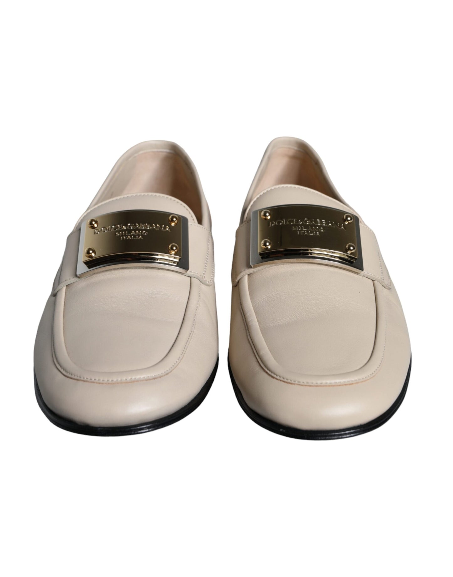 Dolce & Gabbana Beige Pelle Logo Placca Slip On Uomo Mocassini Scarpe