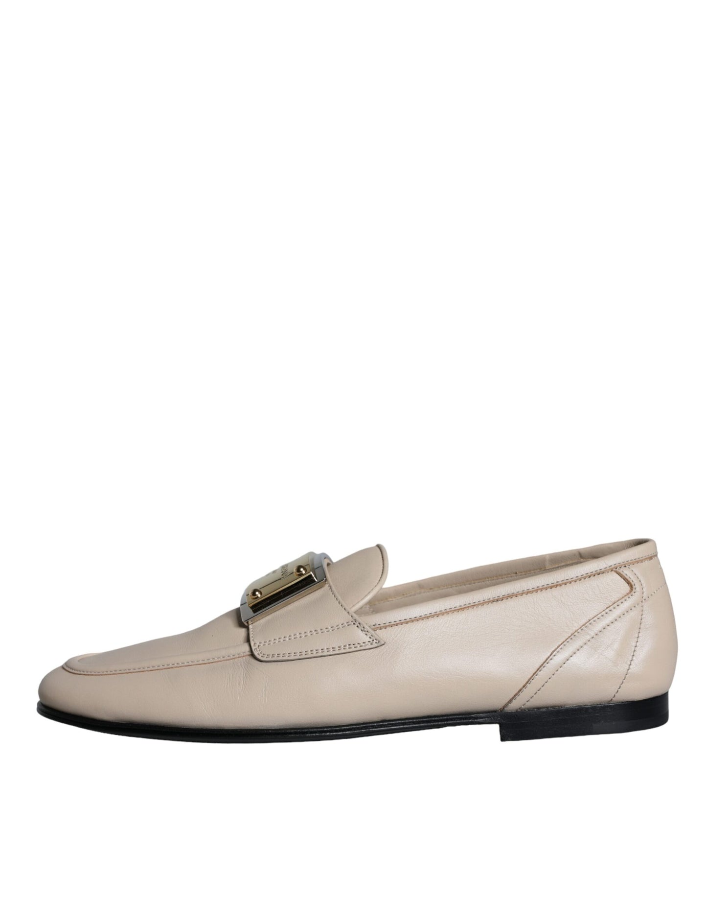 Dolce & Gabbana Beige Pelle Logo Placca Slip On Uomo Mocassini Scarpe