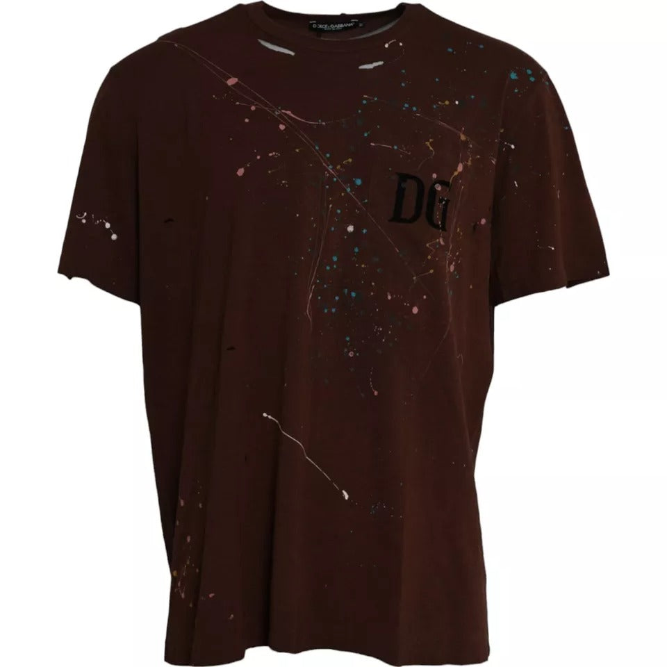 Dolce & Gabbana T-shirt girocollo in cotone color marrone con schizzi di colore