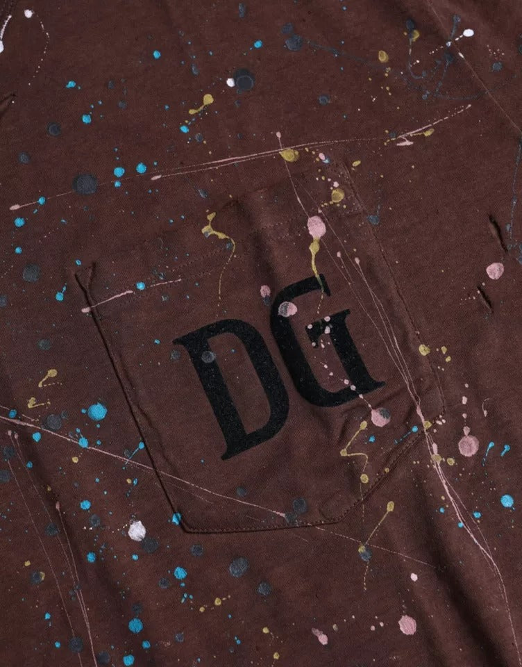 Dolce & Gabbana T-shirt girocollo in cotone color marrone con schizzi di colore